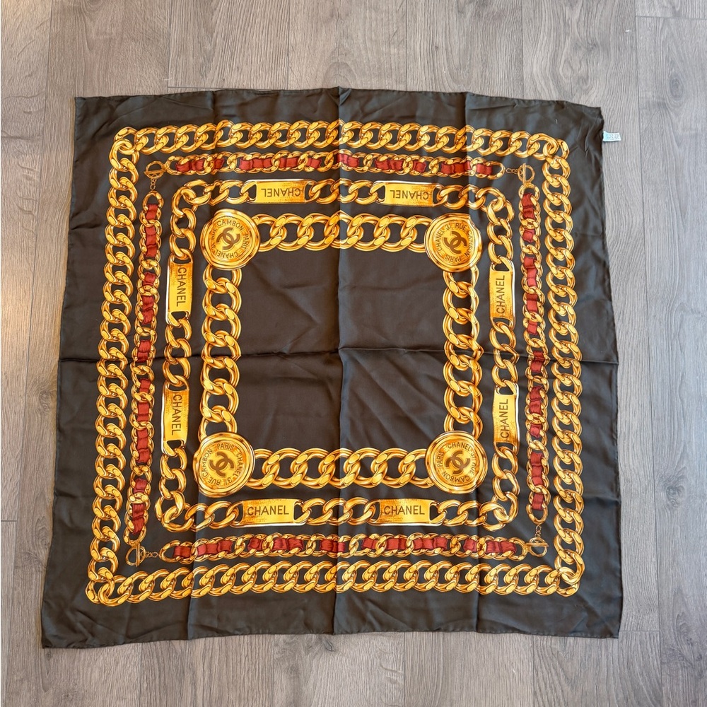 CHANEL Silk Scarf with Gold and Black Design